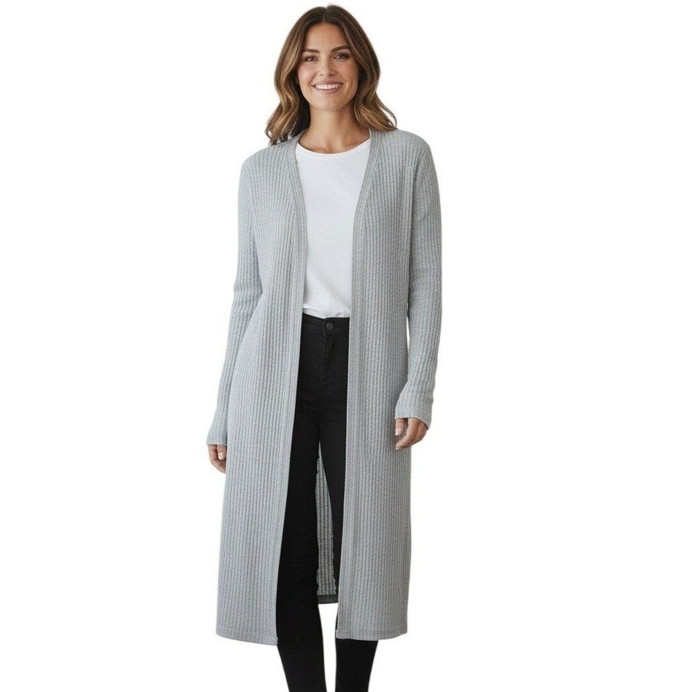 70% Cotton Ribbed Duster Cardigan Gray Open Front Sweater Longlne S/M Minimalist